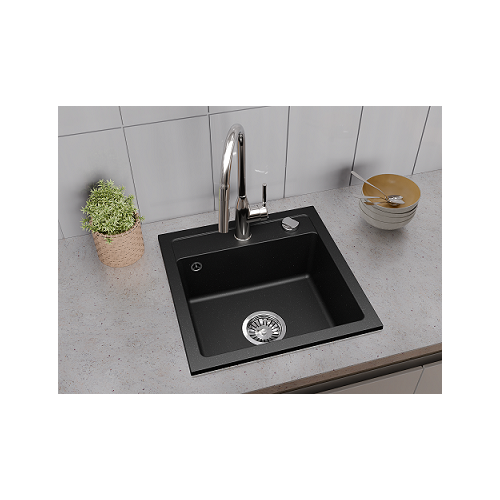 Aranżacja zlewozmywak granitowy 1 komorowy nablatowy Ela czarny z brokatem